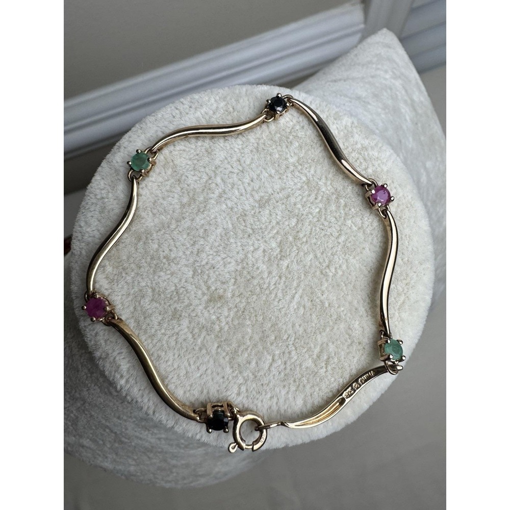 Yellow Gold Vermeil 925 Bracelet Wave Panel Multicolor Gemstone 7.25" Tennis - Picture 8 of 14